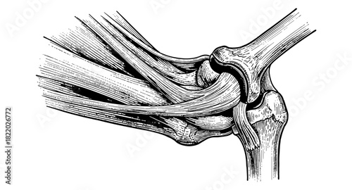 Detailed anatomical drawing of human elbow joint structure in vintage engraving style
