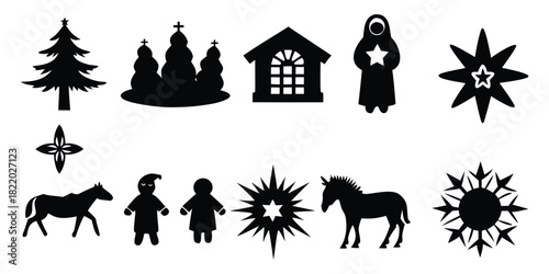 Christmas nativity scene silhouettes with star church and animals