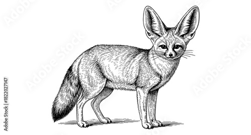 Detailed black and white engraving of a fennec fox with large ears
