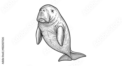 Detailed engraving of a manatee in black and white