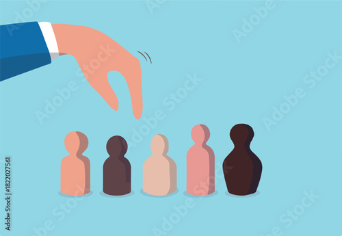 Recruitment and human resources, diversify teamwork, job opportunity or employee choosing or hiring person concept, corporate businessman hand choosing candidate with various skin color person dolls