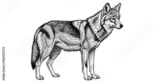 Detailed black and white coyote in profile view