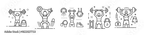 Fitness, weightlifting, and gym activity line icons