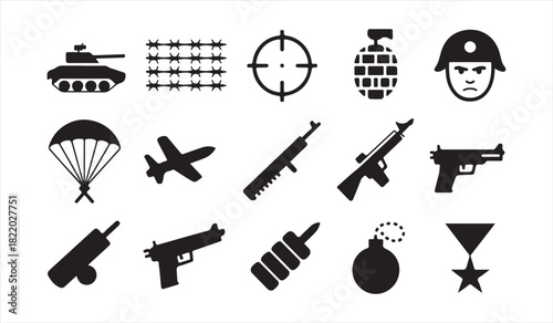 Vector Army Symbols Collection Including Ammunition, Aircraft, Medals, and Combat Gear