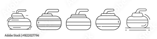 Curling stone line icons set winter sports equipment