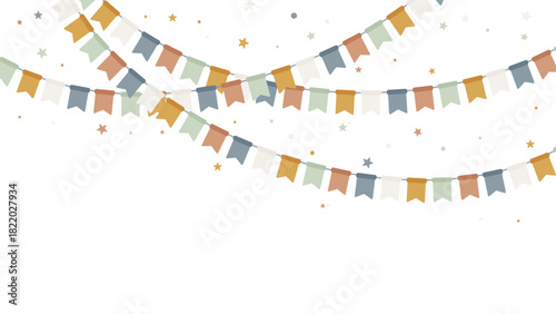 Guirlandes festives dans des tons neutres bohèmes avec confettis et étoiles. Illustration vectorielle moderne idéale pour invitations, mariages, fêtes élégantes et décorations d’événements