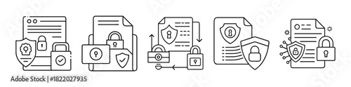 Secure document file protection line vector icons