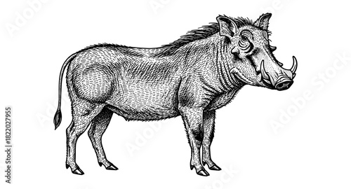 Intricate black and white hand-drawn warthog illustration with detailed features