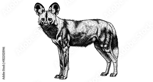 Detailed monochrome sketch of an african wild dog in profile