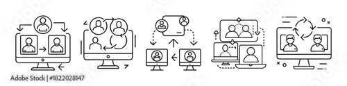 Online communication and remote networking line icon set