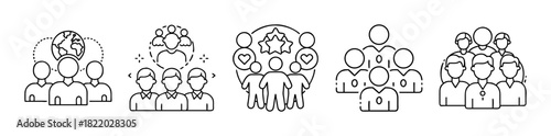 Line icons set representing team community and rating