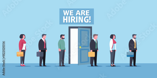 Job seekers waiting in line for an interview we are hiring sign