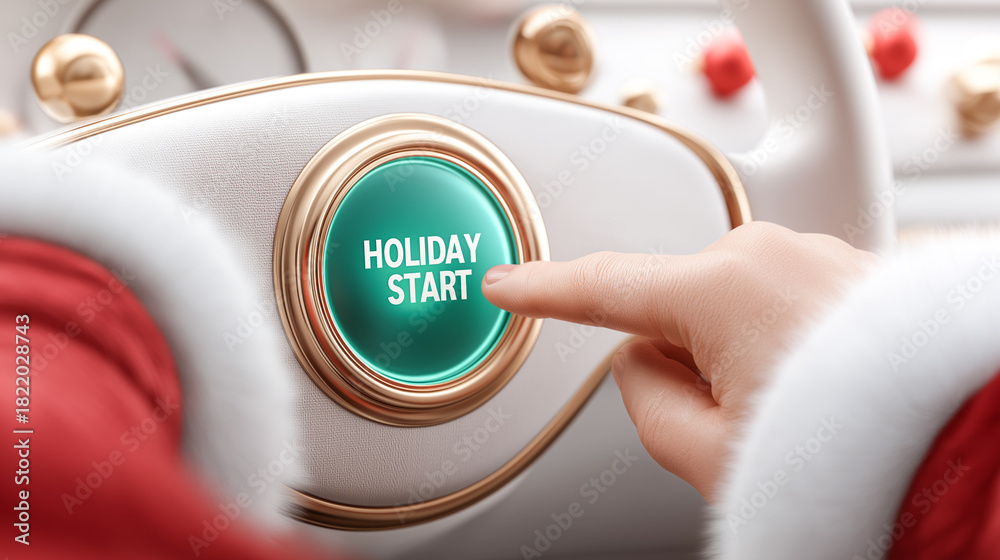 Obraz premium Close-up of Santa finger pressing the green start button of a car with the words Holiday START written on it. Atmosphere is festive, with festive lights and space for text on the sides.