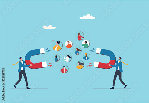 Talent war, company competition to draw skillful candidate to fill in vacancy, recruitment war or career challenge, prospect or applicant fighting concept, businessman fighting magnet for candidates
