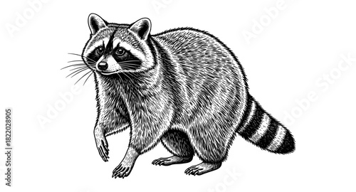 Detailed black and white raccoon art with pen sketched style