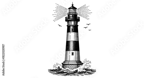 Detailed vintage lighthouse with waves and birds in black and white design