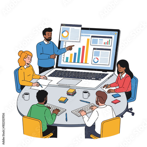 Professional diverse team members collaborate digitally, sitting around a conference table viewing a giant laptop screen in a simplified 2D flat vector illustration.