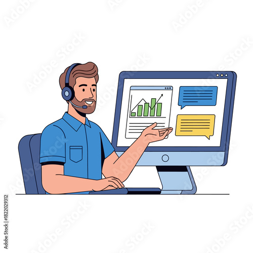 Friendly male technical support agent wearing a headset provides consultation next to a massive computer monitor in a bright 2D flat vector illustration.