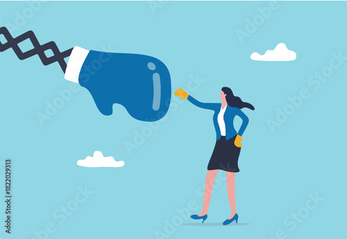 Woman power or feminism challenge, career competitive or gender equality concept, strong businesswoman executive wearing boxing glove fighting with big fist. 