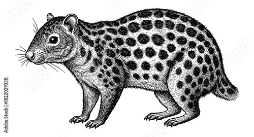 Detailed black and white engraving of a spotted agouti