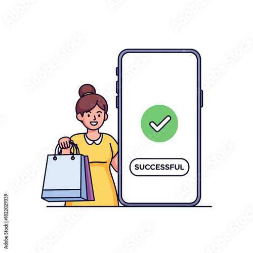 Successful mobile payment is confirmed on a giant smartphone screen held near a smiling woman carrying a shopping bag, captured in a vibrant 2D flat vector illustration.
