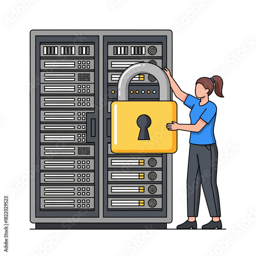 Digital security concept illustrated in a vibrant 2D flat vector style, showing a female IT professional locking a massive data server rack with a huge padlock icon.