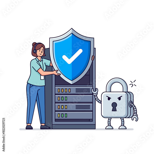 Female admin securing a server rack with a large shield, aided by a small padlock robot, symbolizing strong data protection in a vibrant flat vector style.