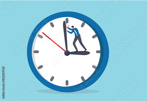 Turn back time to change or fix mistake, inevitable failure or urgency closed to deadline concept, businessman standing on clock hour hand manage to push back minute hand to turn back time