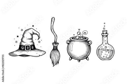Vintage wizard hat, broomstick, cauldron, and potion bottle illustration