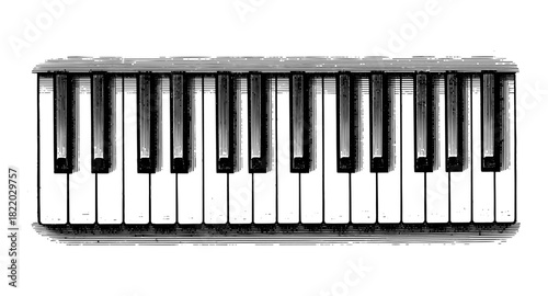 Vintage black and white piano keys artwork with distressed texture