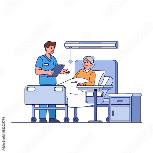 A caring male doctor wearing scrubs stands bedside, holding a clipboard and speaking to a smiling elderly patient in a modern hospital room, 2D flat vector illustration.