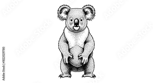 Detailed black and white koala sketch with intricate fur lines and whimsical expression