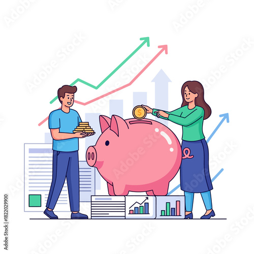 A young couple happily saves money by pouring golden coins into a giant piggy bank, depicted as a flat 2D vector illustration showing financial growth charts.