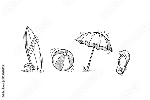 Simple hand-drawn beach elements: surfboard, ball, umbrella, flip-flop