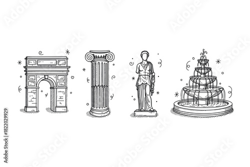 Sketch of arc de triomphe, corinthian column, classical statue, and fountain