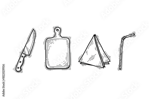 Hand-drawn kitchen utensils: knife, cutting board, towel, straw - black and white illustration