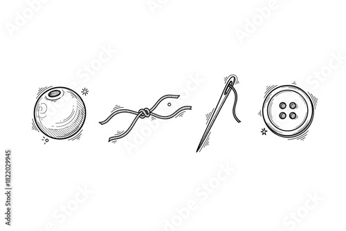 Hand-drawn sewing items: thread, needle, button, and textile illustrations