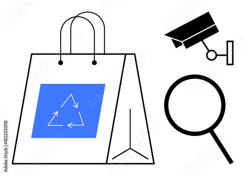 Paper shopping bag with recycling logo, surveillance camera, and magnifying glass highlighting security, sustainability, eco-consciousness, waste reduction, retail monitoring, responsible production