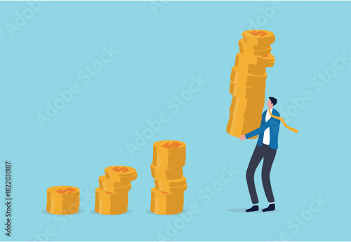 Compound interest effect, high return investment stock market or growth and prosperity economic concept, businessman investor holding high stack of dollar money coins to put as growth compound graph.