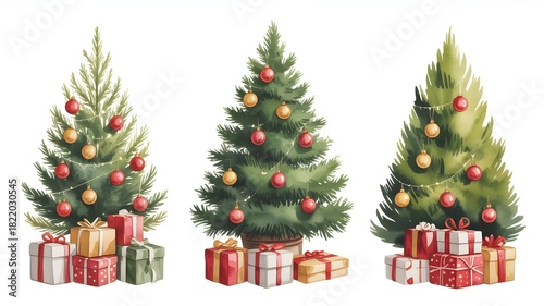 Watercolor illustration of three christmas trees with gifts isolated on white background