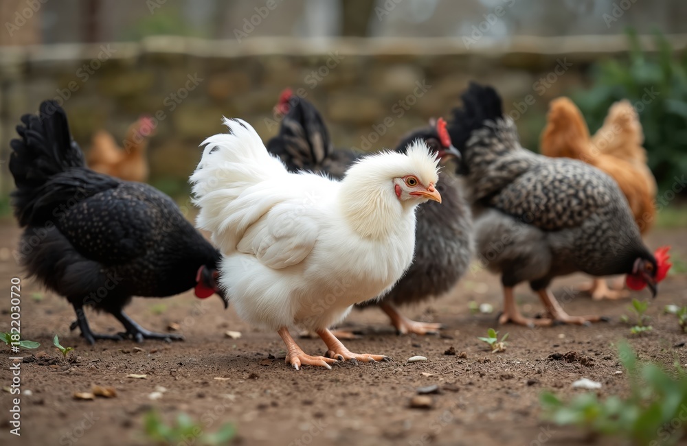 Fototapeta premium A flock of diverse silkie chickens peck for food in a garden setting. This image features a white silkie rooster and hens with black and barred plumage enjoying natural outdoor foraging.