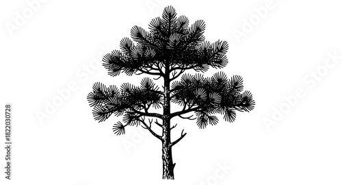 Detailed silhouette of araucaria tree on white background
