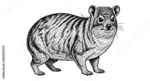 Detailed engraving style: hyrax with unique textured fur