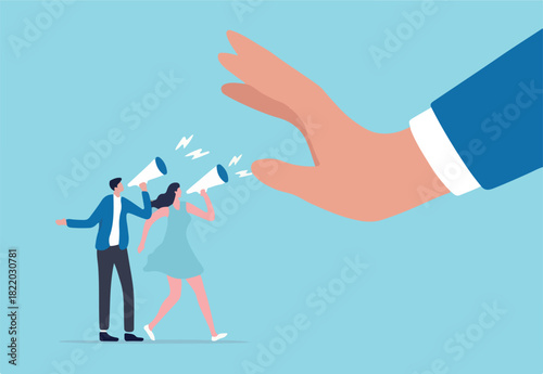 Freedom of speech, listen to employee opinion, work hierarchy boundary, censorship or inequality concept, company employee people shouting on megaphone to executive management big denied hand