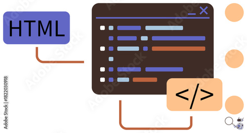 Code editor panel displaying coding syntax, with HTML label and coding tag graphics. Ideal for web development, programming, coding education, software design, IT training, data processing