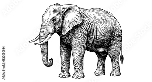 Detailed black and white sketch of an elephant with intricate linework