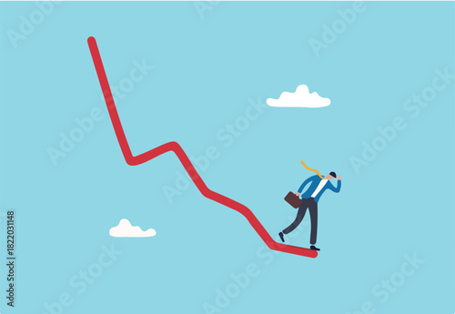 Economic recession, stock market plunge or falling down, cryptocurrency crash or financial crisis from inflation concept, businessman investor standing on falling down red graph look for bottom.