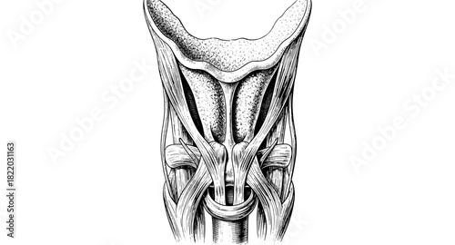 Detailed anatomical drawing of human neck muscles and structures for medical education