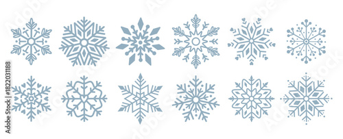 Set of  different Snowflakes. Seasonal Christmas holiday decorations, different shapes, seasonal Christmas decor, snowy decoration silhouettes. Seasonal design element. Isolated flat vector illustrati