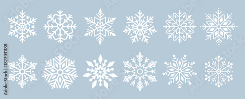Set of  different Snowflakes. Seasonal Christmas holiday decorations, different shapes, seasonal Christmas decor, snowy decoration silhouettes. Seasonal design element. Isolated flat vector illustrati